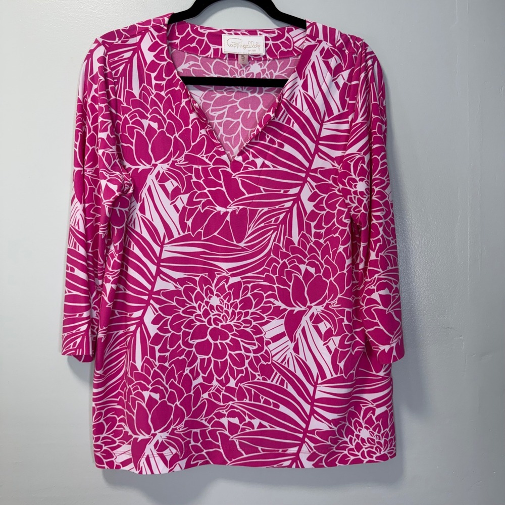 Pappagallo Pink Floral Tropical V-Neck 3/4 Sleeve Top Petite Large Resort Wear